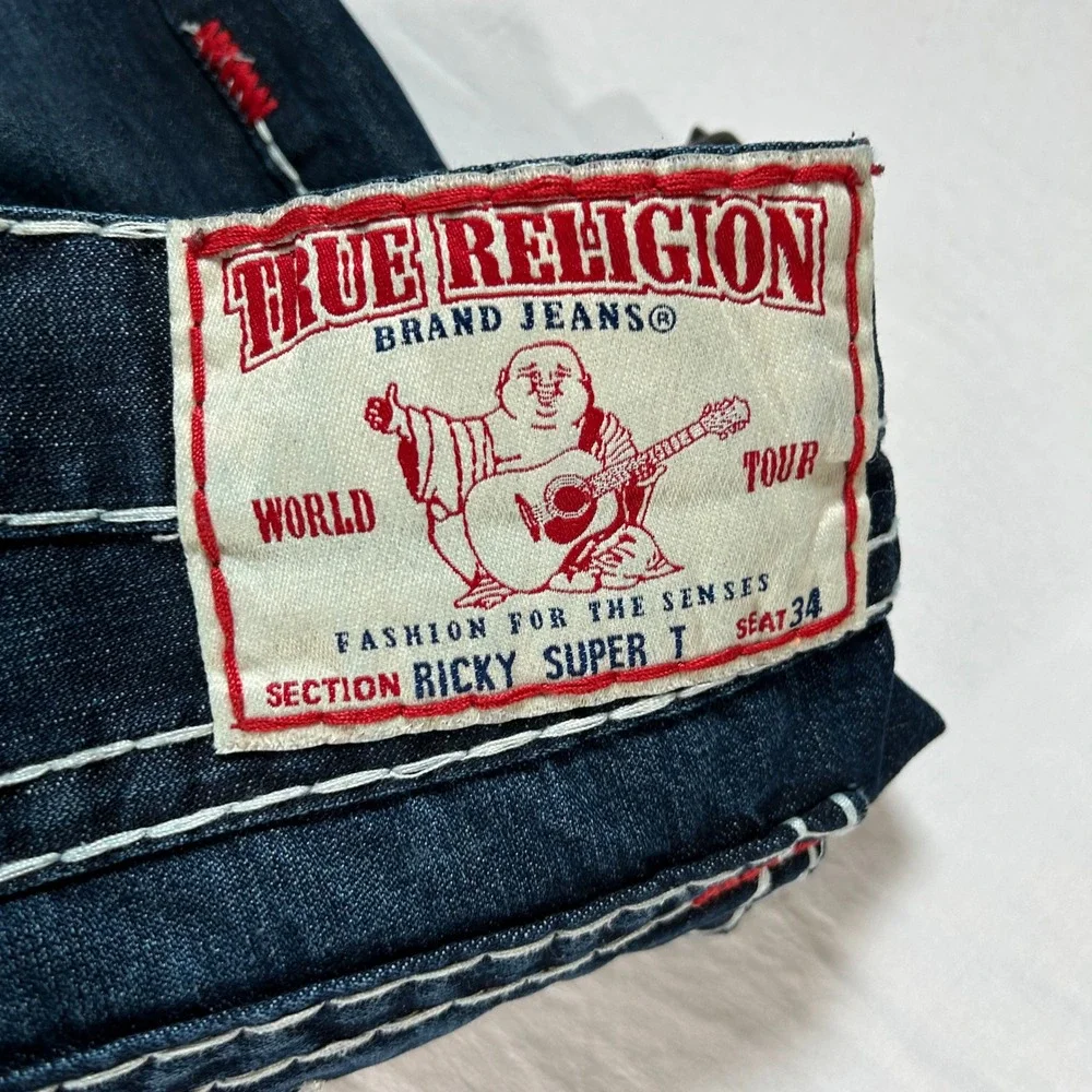 True Religion Ricky Super T Mens 40 Dark Wash Contrast Stitch Straight Jeans USA